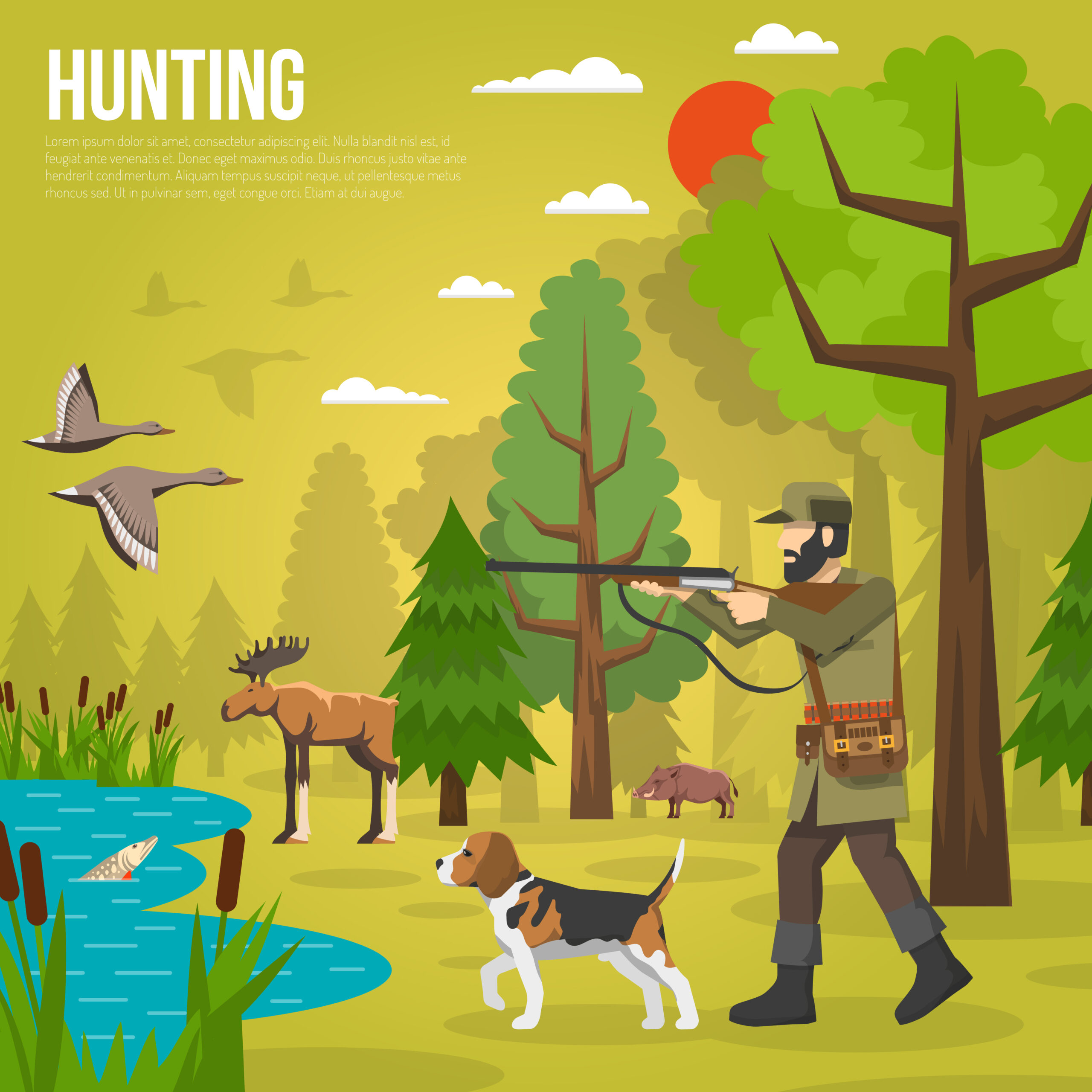 Colorful flat icons composition of hunter aiming at ducks dog deer and boar in forest background vector illustration