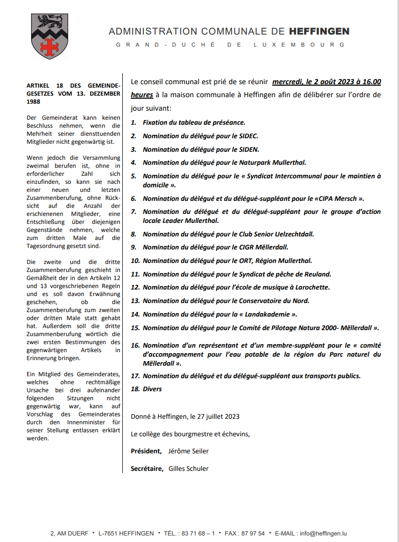 Gemengerot vum 2. August 2023 / conseil communal du 2 août 2023