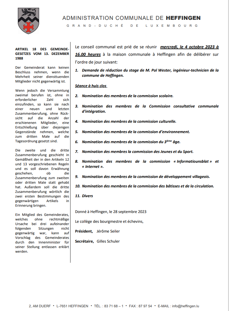 Gemengerot vum 4. Oktober 2023 / conseil communal du 4 octobre 2023