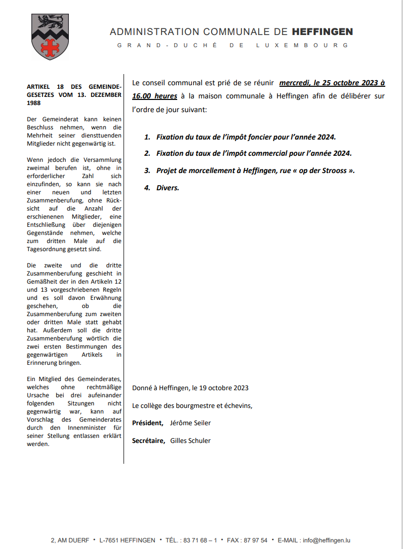 Gemengerot vum 25. Oktober 2023 / conseil communal du 25 octobre 2023