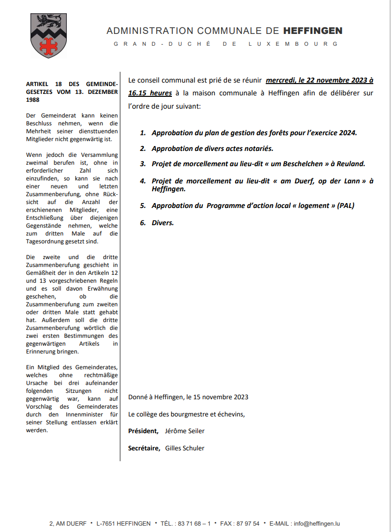 Gemengerot vum 22. November 2023 / conseil communal 22 novembre 2023