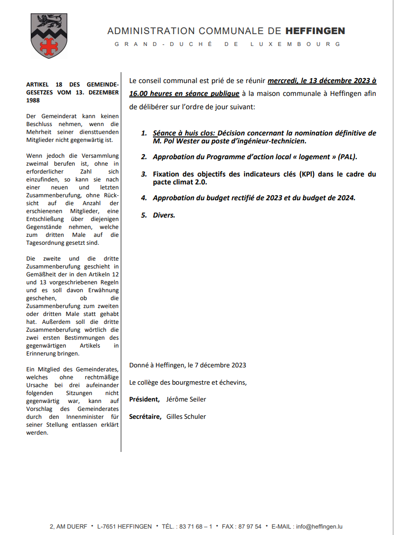 Gemengerot vum 13. Dezember 2023 / conseil communal du 13 décembre 2023