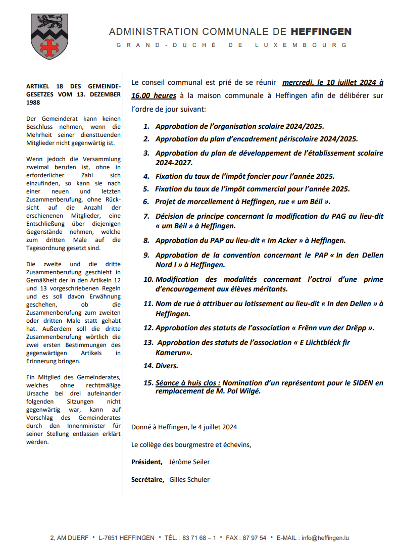 Gemengerot vum 10. Juli 2024 / conseil communal du 10 juillet 2024