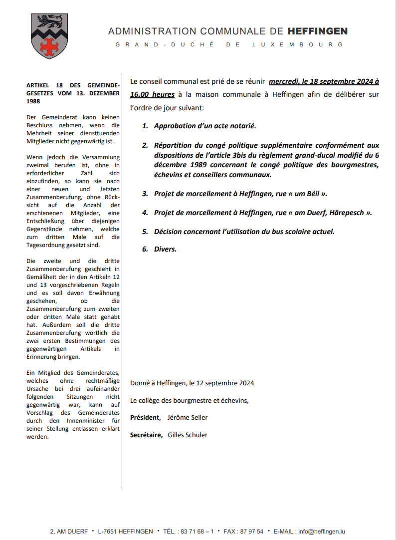 Gemengerot vum 18. September 2024 / conseil communal du 18 septembre 2024