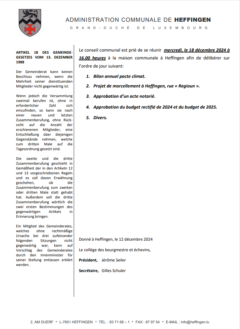 Gemengerot vum 18. Dezember 2024 / conseil communal du 18 décembre 2024