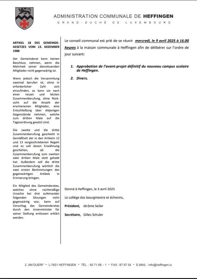 Gemengerot vum 9. Abrëll 2025 / Conseil communal du 9 avril 2025