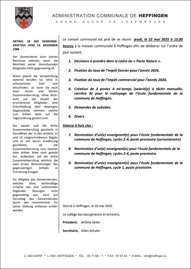Gemengerot vum 22. Mee 2025 / Conseil communal du 22 mai 2025