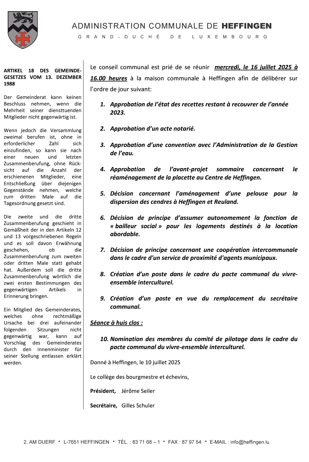 Ordre du jour du 16.07.2025
