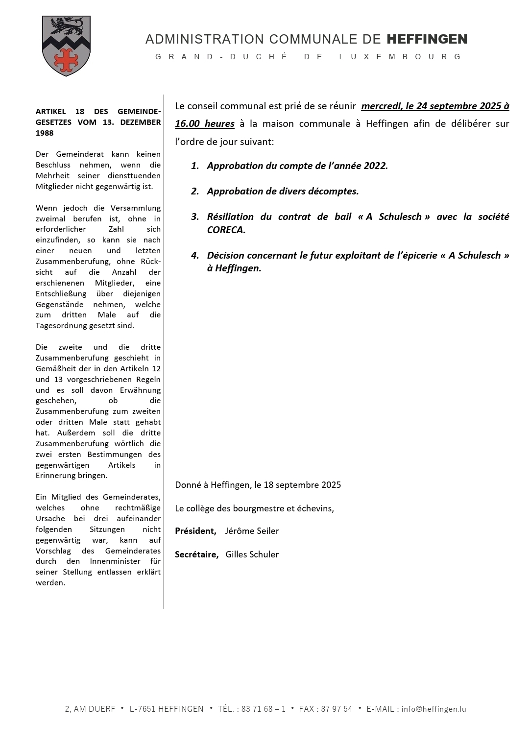 Gemengerot vum 24. September 2025 / Conseil communal du 24 septembre 2025