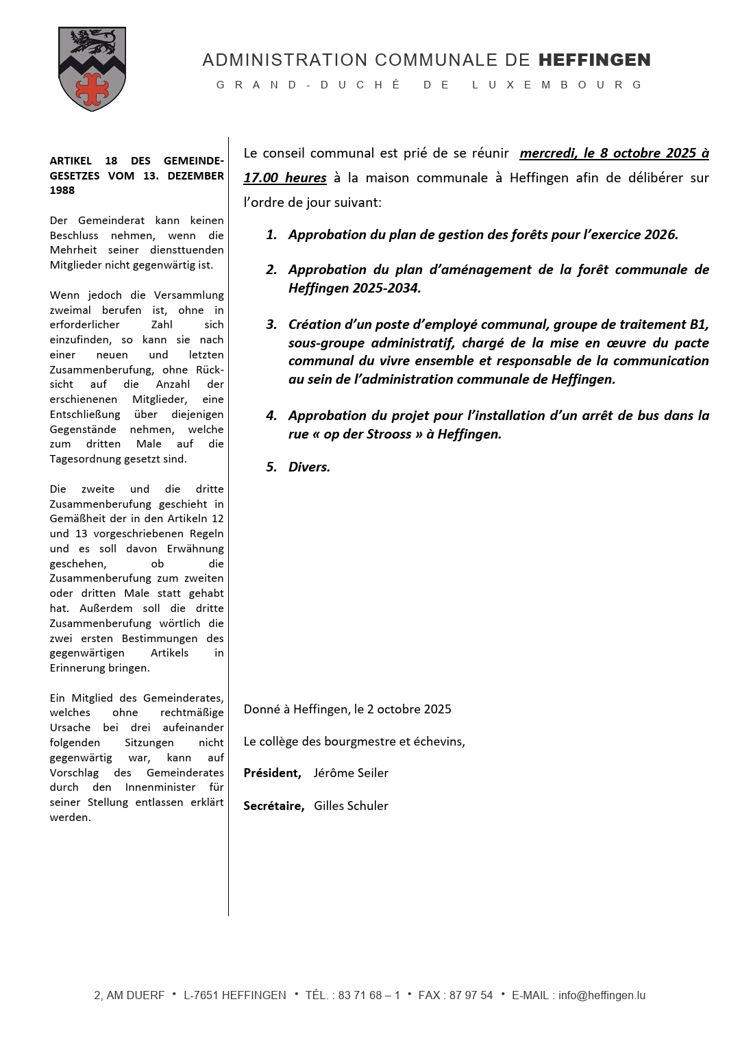 Gemengerot vum 8. Oktober 2025 / Conseil communal du 8 octobre 2025